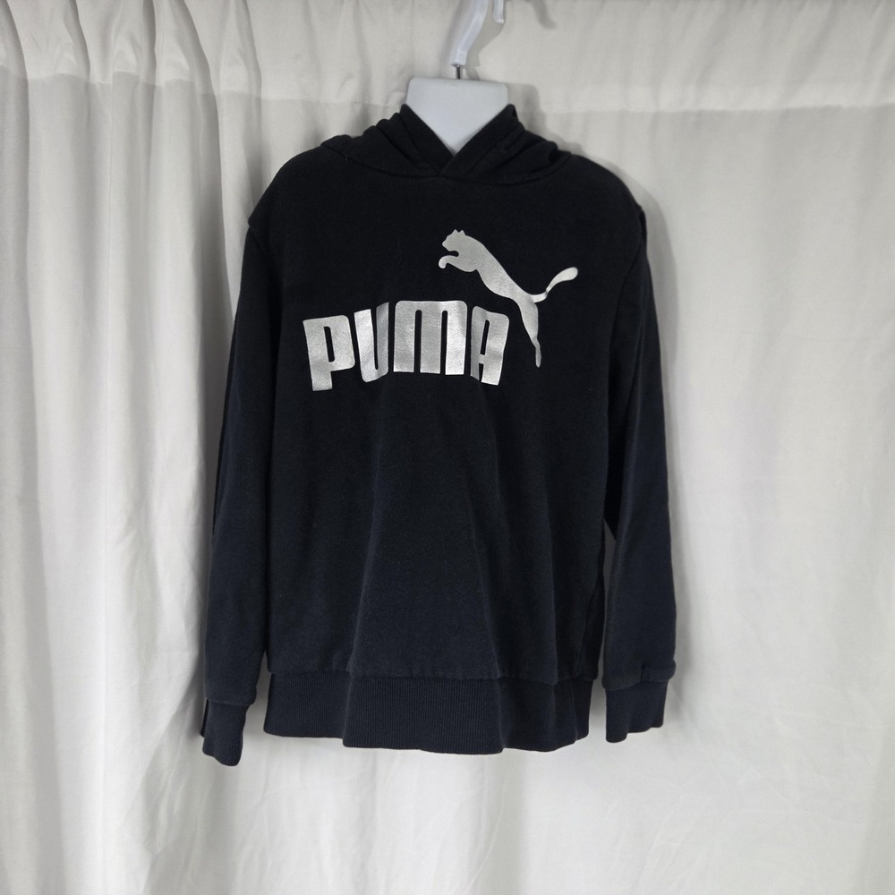 Puma Hoodie Kids 7-8 Years Black Logo Graphic Fleece Pullover Sweatshirt - Picture 1 of 7